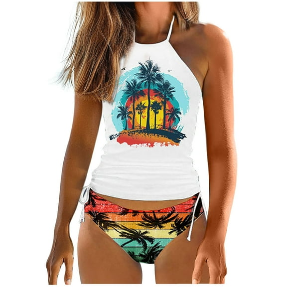 Dezsed Women's Two Piece Bathing Suit Printed Drawstring Side High Neck Tummy Control Tankini Swimsuit White XL
