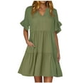 thumbnail image 1 of Dezsed Women's V Neck Cute Shift Dress with Pockets Bell Sleeve Ruffle Hem Loose A Line Summer Tunic Mini Dress Army Green M, 1 of 7