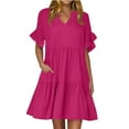 thumbnail image 1 of Dezsed Women's V Neck Cute Shift Dress with Pockets Bell Sleeve Ruffle Hem Loose A Line Summer Tunic Mini Dress Hot Pink L, 1 of 7