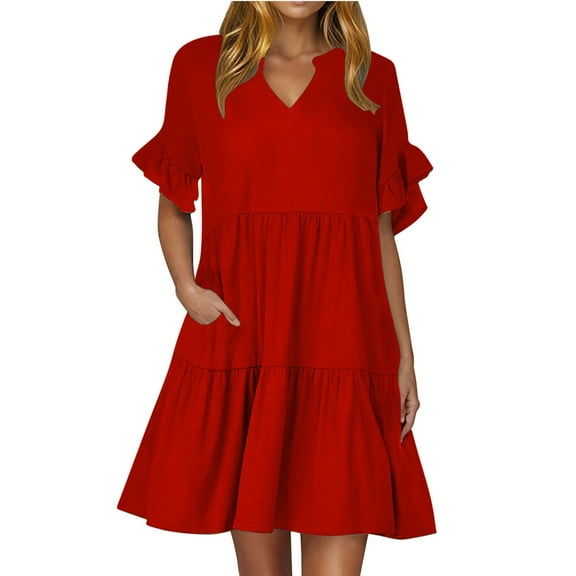 Dezsed Women's V Neck Cute Shift Dress with Pockets Bell Sleeve Ruffle Hem Loose A Line Summer Tunic Mini Dress Red S