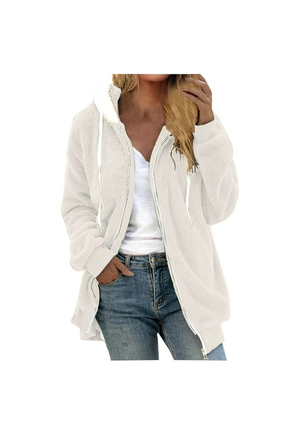 Women's Warm Fleece Sherpa Jackets Fashion Women's Zipper V-Neck Pullover Tops Long Sleeve Hooded Blouse Sweatshirt Beige M