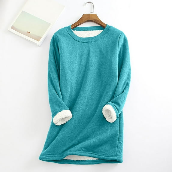 Dezsed Women's Warm Sherpa Lined Sweatshirt Pullover Crewneck Long Sleeve Fleece Lined Shirts Loungewear Tops Winter Blue B XL
