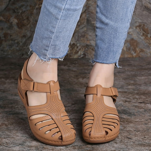Dezsed Women's Wedges Sandals Soft Leather Closed Toe Vintage Non-Slip Sandals For Women Brown 35