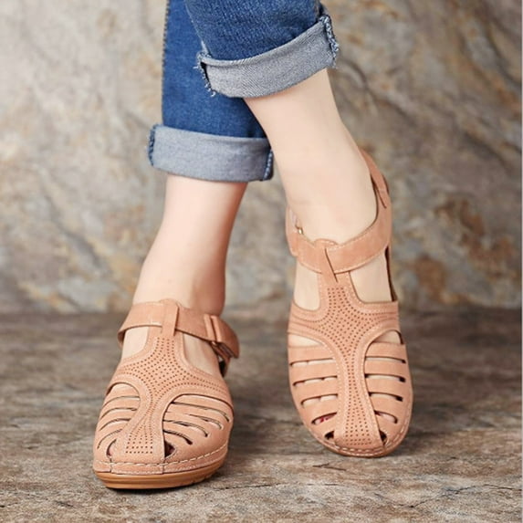 Dezsed Women's Wedges Sandals Soft Leather Closed Toe Vintage Non-Slip Sandals For Women Beige 38