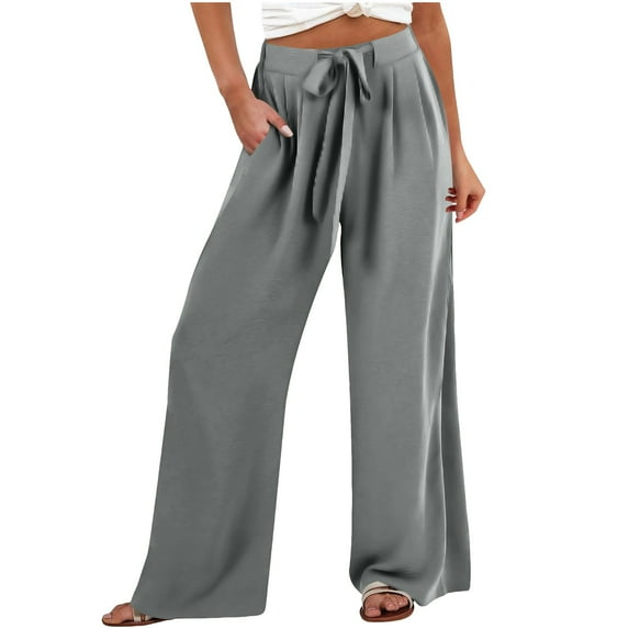 Dezsed Women's Wide Leg Pants High Waist Adjustable Knot Loose Casual Trousers Business Work Lounge Pants with Pockets Gray XL