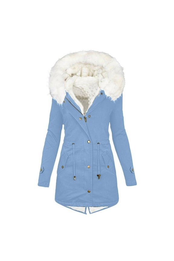 Women's Winter Coats Fleece Lined Parka Jacket Hooded Long Winter Warm Parka Coat with Pockets Light Blue L