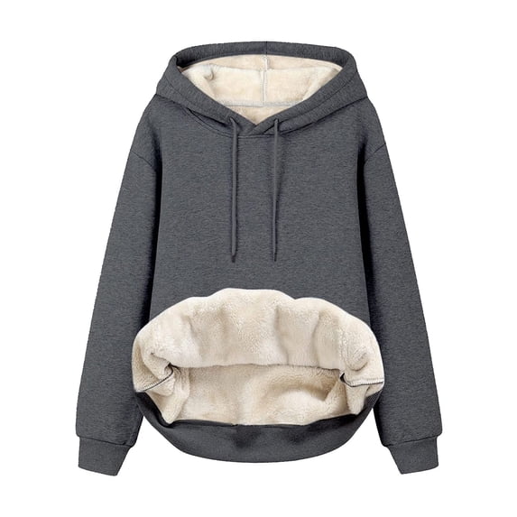 Dezsed Women's Winter Fleece Coat Plus Size Warm Hoodies Women's Winter Warm Plush Solid Pocket Long Sleeve Tops Hooded Sweatshirt Dark Gray M