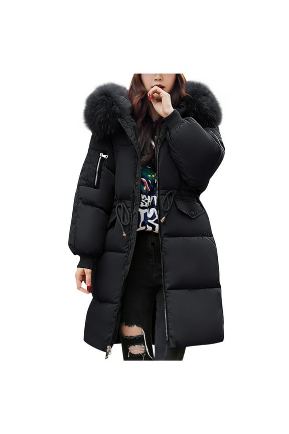 Women's Winter Mid Length Coats Jackets Warm Puffer Coat Hooded Parka Jacket Padded Outerwear with Fuzzy Collar Black 2XL