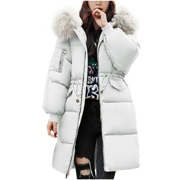 Dezsed Women's Winter Mid Length Coats Jackets Warm Puffer Coat Hooded Parka Jacket Padded Outerwear with Fuzzy Collar White 3XL