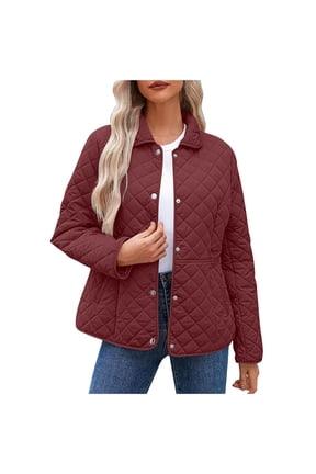 Women's Winter Quilted Jackets Button Down Puffer Coat Long Sleeve Lightweight Padded Coats Casual Outerwear with Pockets Red 2XL
