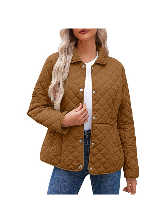 Women's Winter Quilted Jackets Lightweight Long Sleeve Button Down Puffer Jacket Padded Coats Outerwear with Pockets Coffee XL