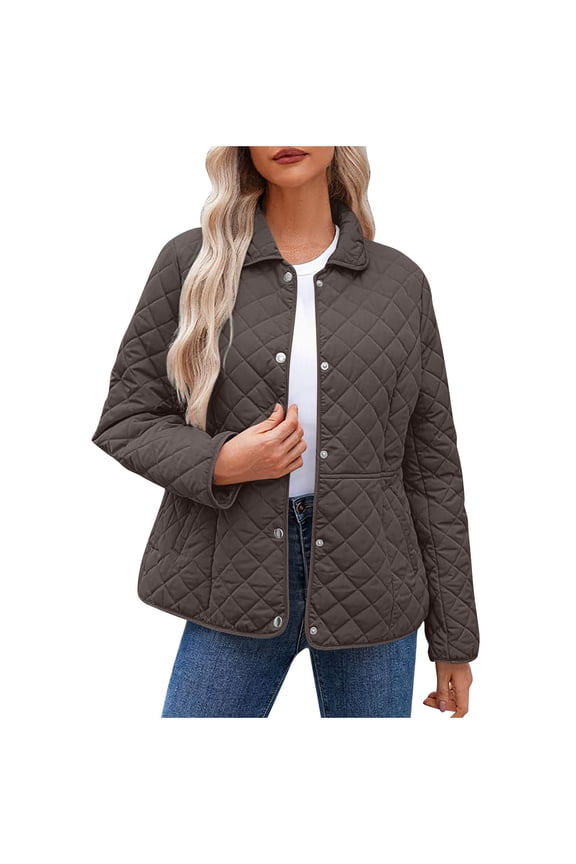 Women's Winter Quilted Jackets Lightweight Long Sleeve Button Down Puffer Jacket Padded Coats Outerwear with Pockets Dark Gray S