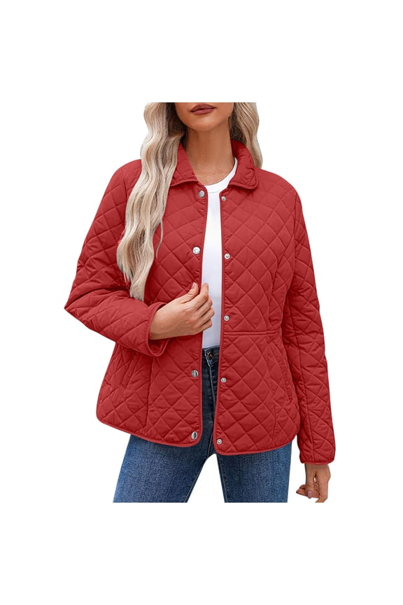 Women's Winter Quilted Jackets Lightweight Long Sleeve Button Down Puffer Jacket Padded Coats Outerwear with Pockets Red XXL