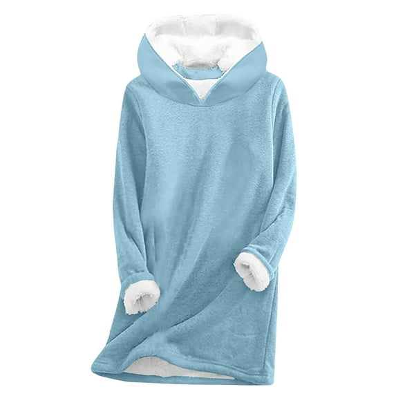 Dezsed Women's Winter Warm Fleece Sherpa Lined Hooded Sweatshirt Round Neck Thickened Plush Long Sleeve Pullover Tops E-Light Blue S