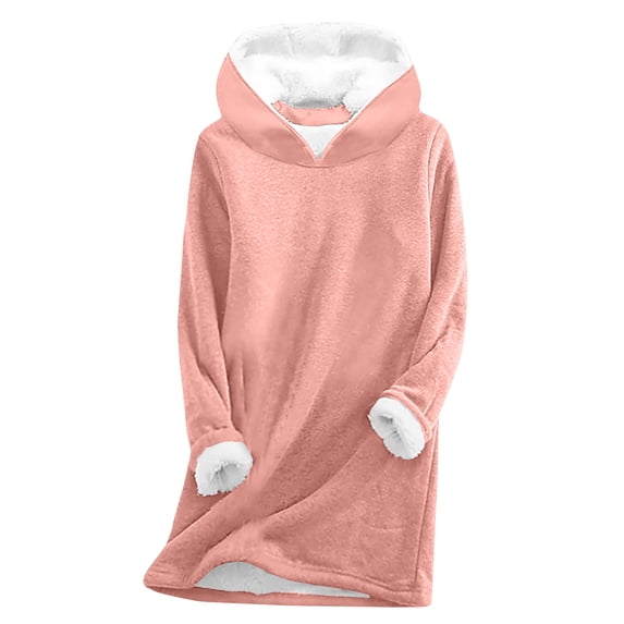 Dezsed Women's Winter Warm Fleece Sherpa Lined Hooded Sweatshirt Round Neck Thickened Plush Long Sleeve Pullover Tops E-Pink XXXL