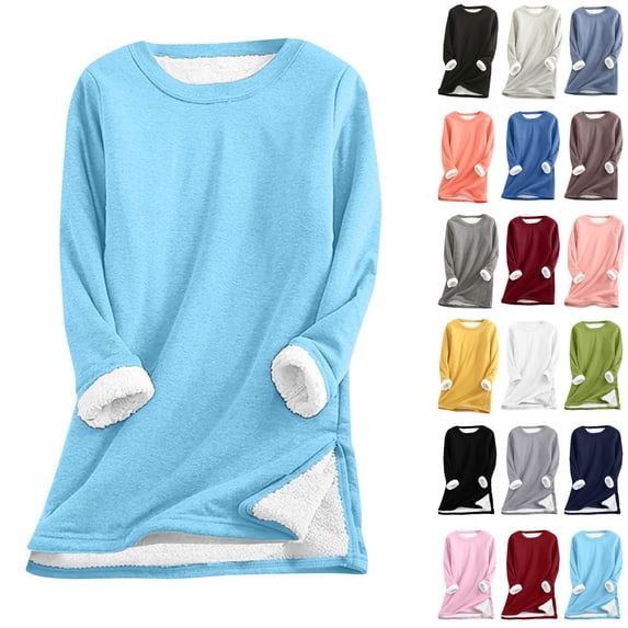 Dezsed Women's Winter Warm Sherpa Lined Fleece Crewneck Sweatshirt Pullover Loungewear Tunic Tops Thickened Plush Warm Long Sleeve Sweatshirts Blue XXL