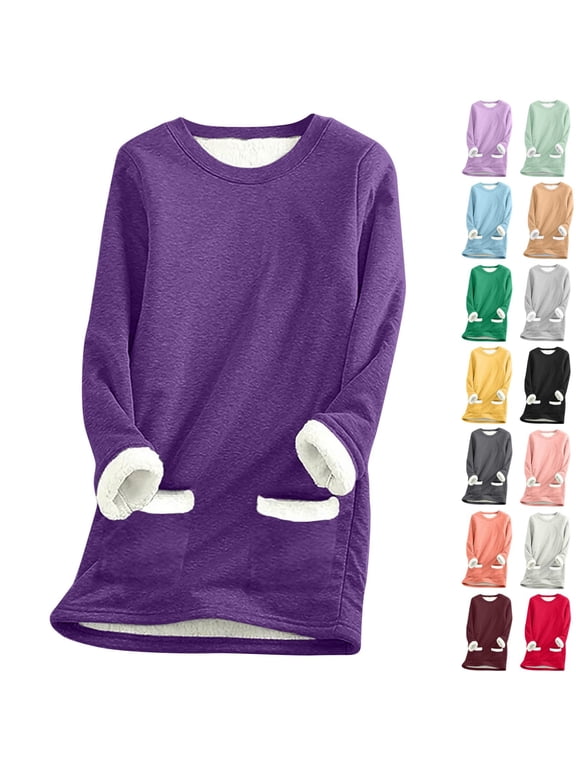 Women's Winter Warm Sherpa Lined Fleece Crewneck Sweatshirt Thickened Plush Warm Long Sleeve Pullover Loungewear Tunic Tops with Pockets Light Purple XXXL