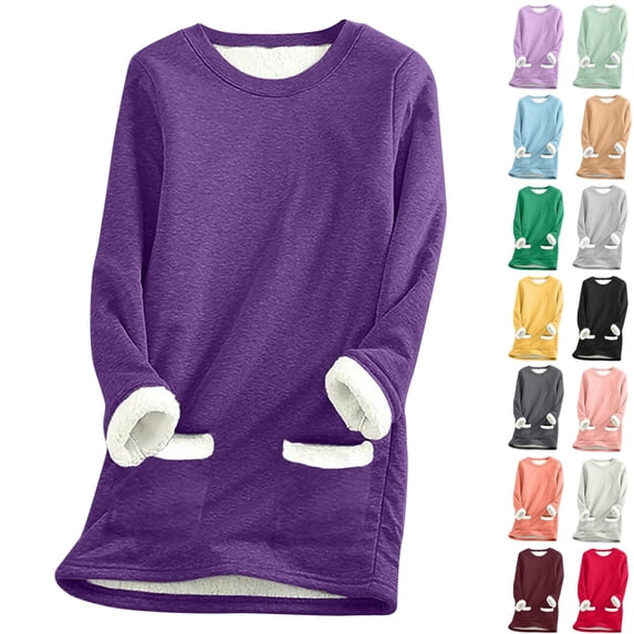 Dezsed Women's Winter Warm Sherpa Lined Fleece Crewneck Sweatshirt Thickened Plush Warm Long Sleeve Pullover Loungewear Tunic Tops with Pockets Yellow M