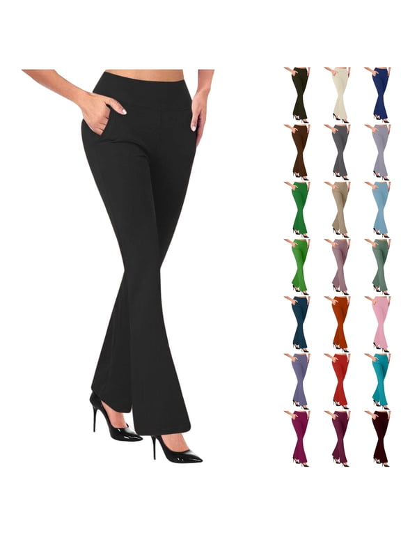 Women's Flared Yoga Dress Pants Stretchy Work Slacks Business Casual Straight Leg Bootcut Pull on Trousers with Pockets Black L