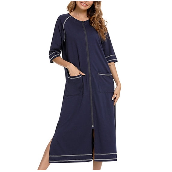 Dezsed Women's Zip Up Robes Full Length Short Sleeve Nightgown Crewneck Loungewear Oversized Sleepwear Loose Sleep Dress Navy 2XL