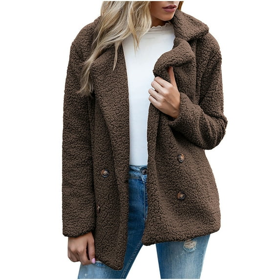 Dezsed Womens 2022 Winter Fuzzy Fleece Jacket Womens Ladies Warm Jacket Winter Solid Turn Coat Down Collar Lambswoo Outerwear Coffee XXXL