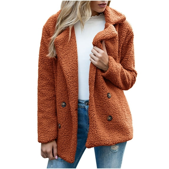 Dezsed Womens 2022 Winter Fuzzy Fleece Jacket Womens Ladies Warm Jacket Winter Solid Turn Coat Down Collar Lambswoo Outerwear Gold M