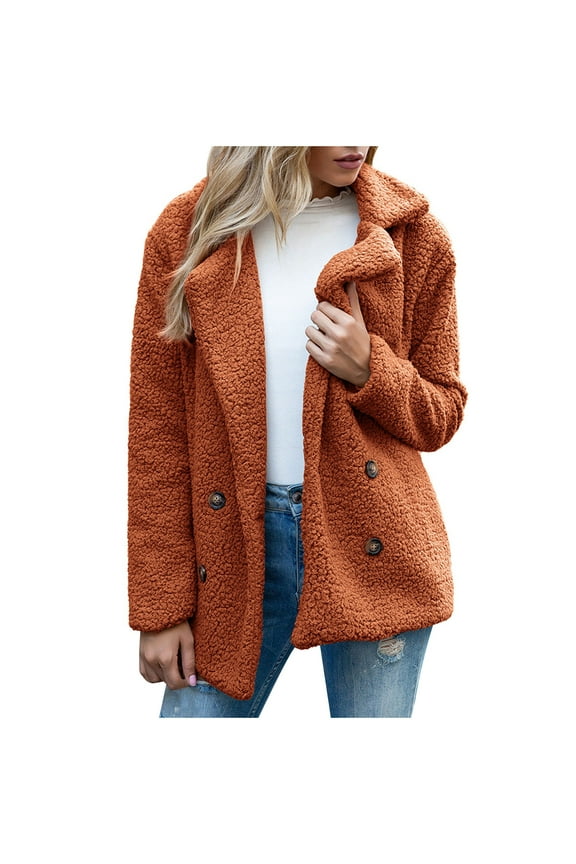 Womens 2022 Winter Fuzzy Fleece Jacket Womens Ladies Warm Jacket Winter Solid Turn Coat Down Collar Lambswoo Outerwear Gold XXL