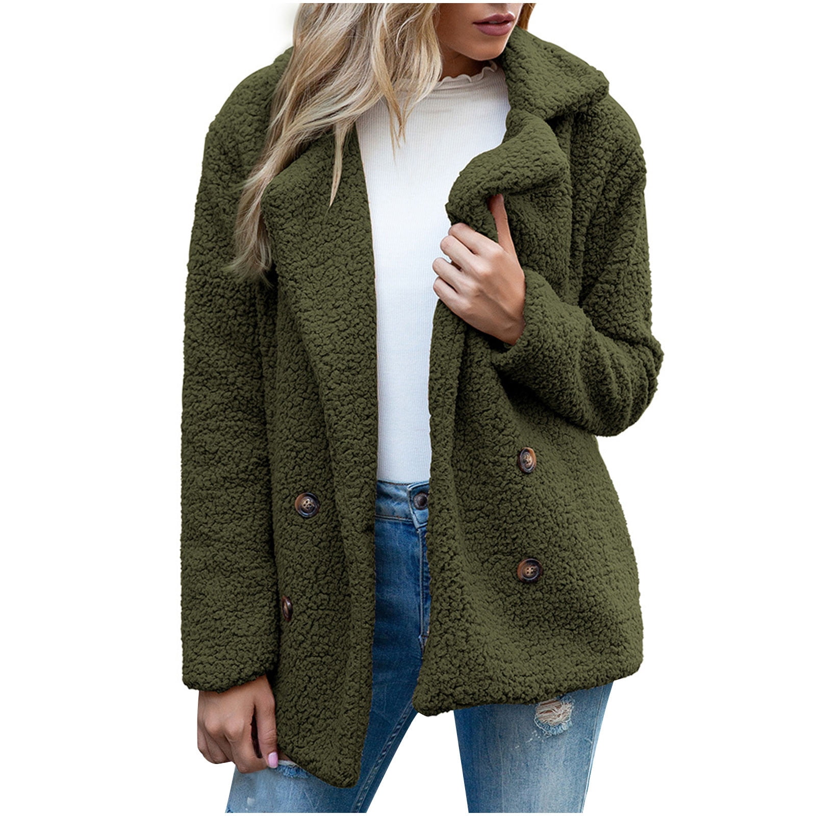 Dezsed Womens 2022 Winter Fuzzy Fleece Jacket Clearance Womens Ladies Warm  Jacket Winter Solid Turn Coat Down Collar Lambswoo Outerwear Green L