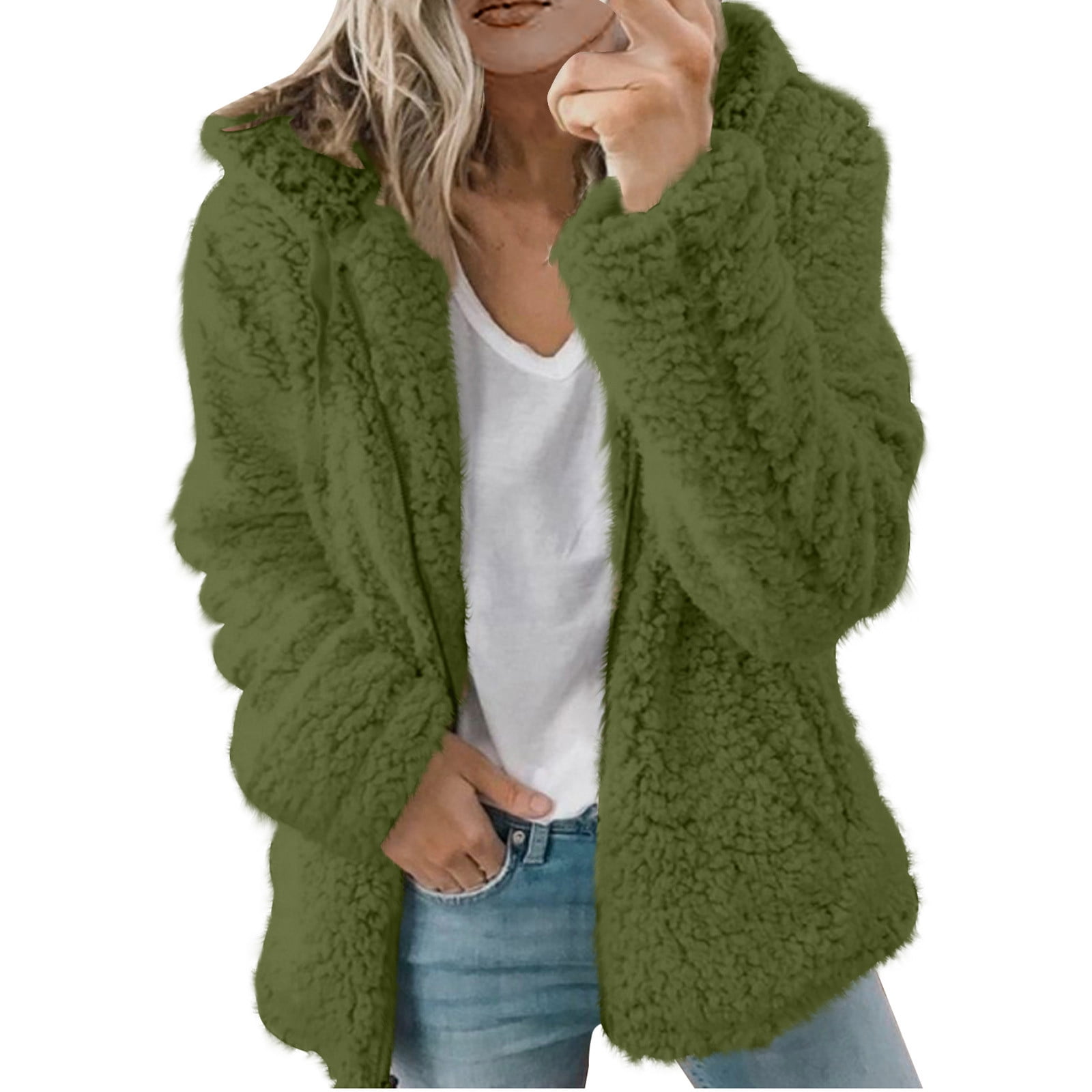 Dezsed Womens 2023 Winter Fuzzy Fleece Jacket Women Casual Solid Long Sleeve Zipper Hooded Plush Warm Sweatshirt Tops ArmyGreen XXL