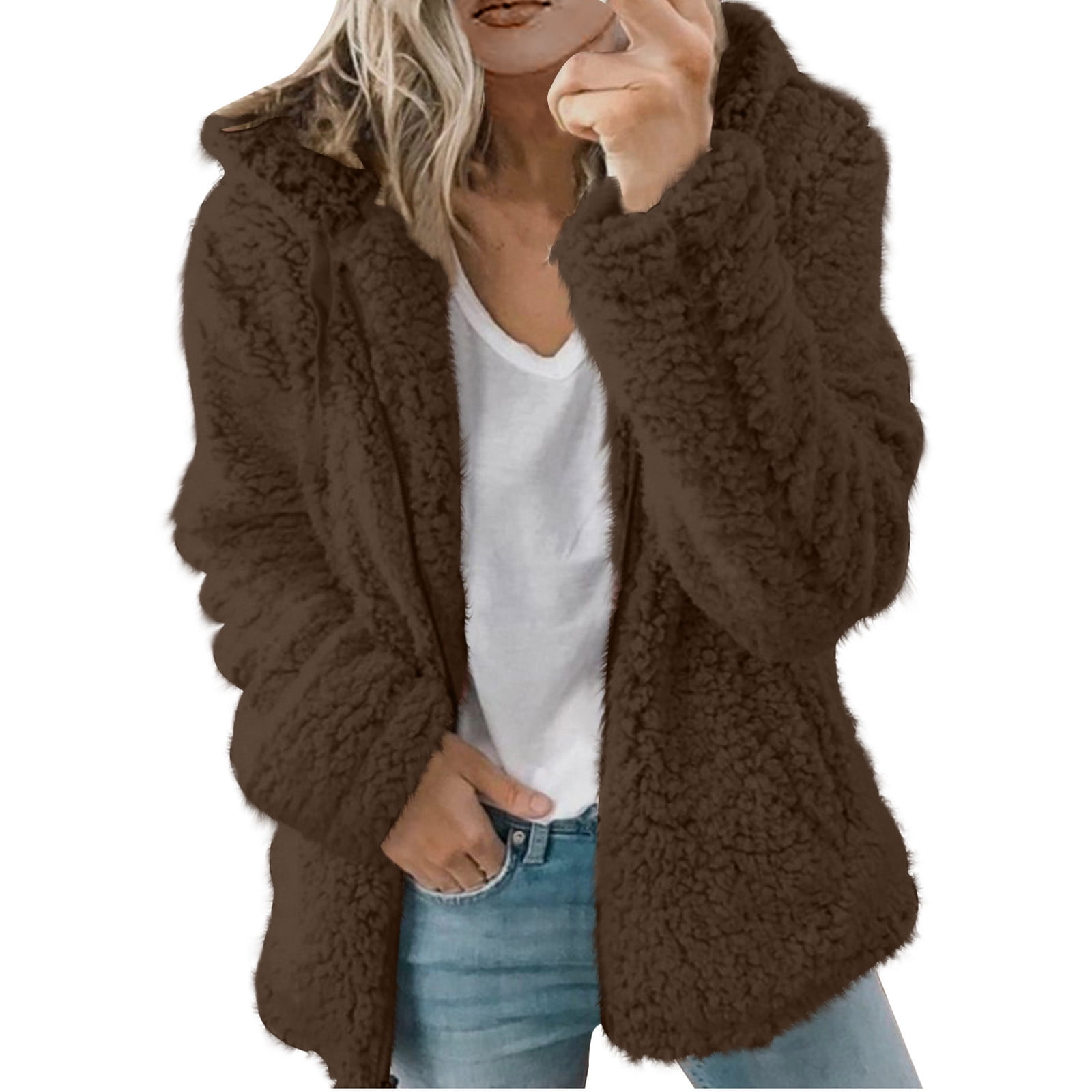 Dezsed Womens 2023 Winter Fuzzy Fleece Jacket Women Casual Solid Long Sleeve Zipper Hooded Plush Warm Sweatshirt Tops Brown B M
