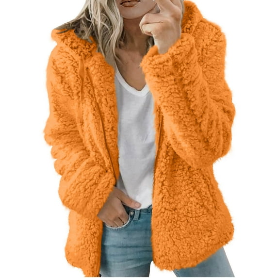 Dezsed Womens 2023 Winter Fuzzy Fleece Jacket Clearance Women Casual Solid Long Sleeve Zipper Hooded Plush Warm Sweatshirt Tops Orange XXL