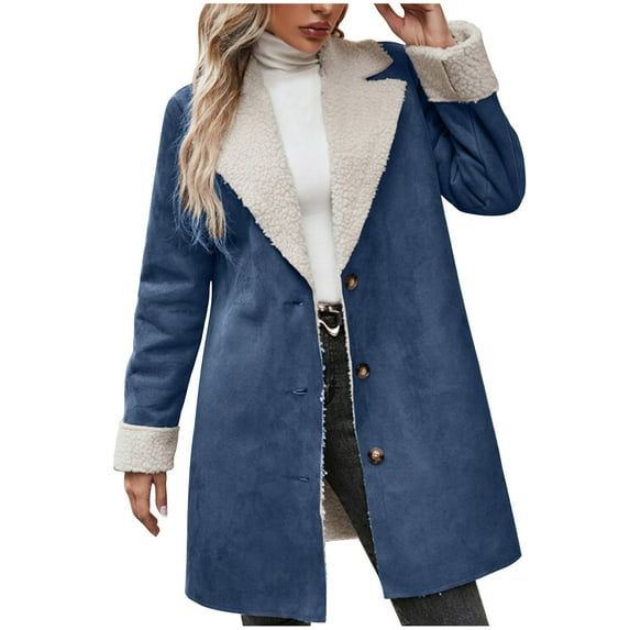 Dezsed Womens 2025 Winter Fuzzy Fleece Open Front Cardigans Jacket Coats Women Winter Warm Composite Plush Button Lapel Collar Jacket Outwear Coat Navy S