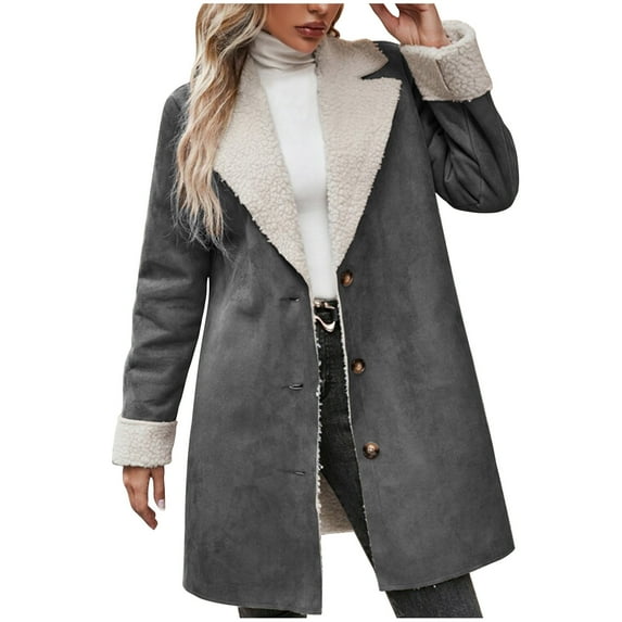 Dezsed Womens 2025 Winter Fuzzy Fleece Open Front Cardigans Jacket Coats Women Winter Warm Composite Plush Button Lapel Collar Jacket Outwear Coat Dark Gray M
