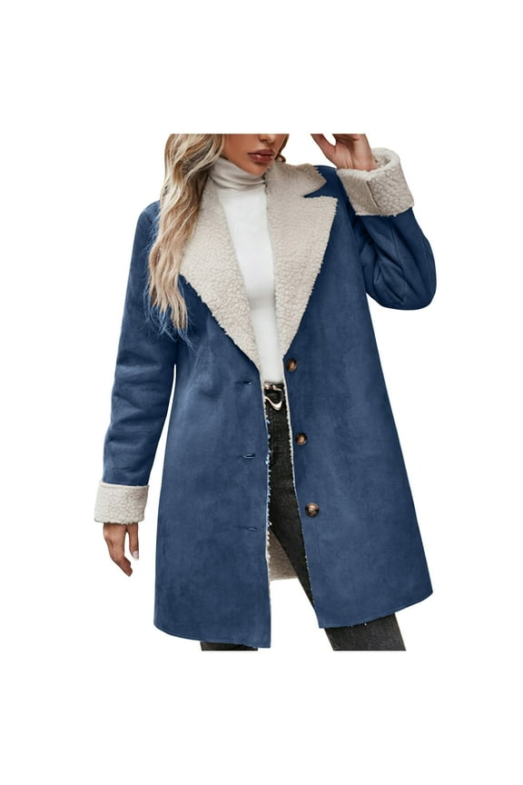 Womens 2025 Winter Fuzzy Fleece Open Front Cardigans Jacket Coats Women Winter Warm Composite Plush Button Lapel Collar Jacket Outwear Coat Navy XL