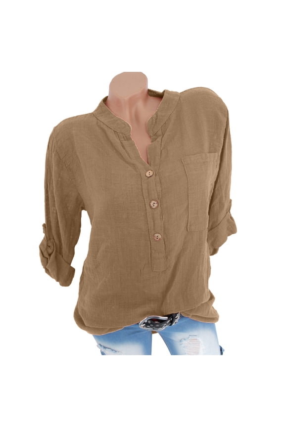 Womens 3/4 Sleeve V Neck Shirt Roll up Sleeve Button Blouses Tops Summer Casual Loose Blouses Khaki XXL