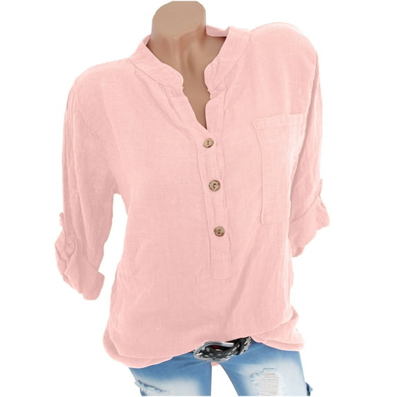 Dezsed Womens 3/4 Sleeve V Neck Shirt Roll up Sleeve Button Blouses Tops Summer Casual Loose Blouses Pink S