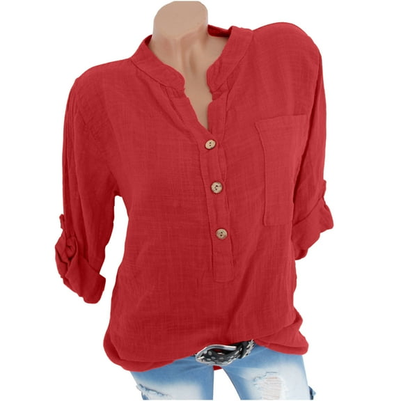 Dezsed Womens 3/4 Sleeve V Neck Shirt Roll up Sleeve Button Blouses Tops Summer Casual Loose Blouses Red L