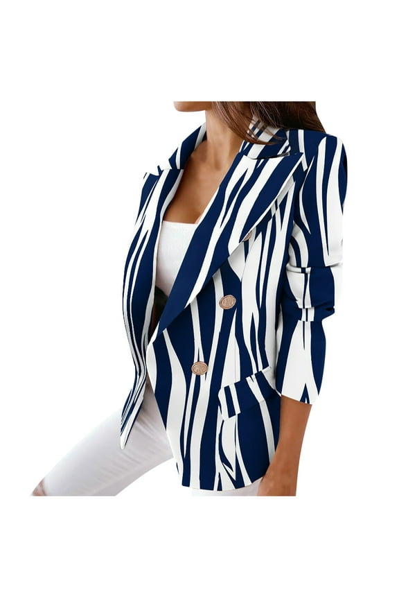 Womens Blazer Dress Women Business Attire Plaid Printed Long Sleeve Button Slimming Cardigan Coat Top Navy XXL