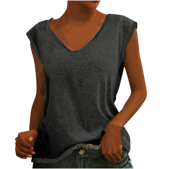 Dezsed Womens Blouses Basic Tank Tops Cap Sleeve V Neck T Shirts for Women Summer Casual Loose Soft Solid Color T-Shirt Tops Dark Gray L