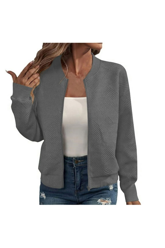 Womens Bomber Jacket Coat Casual Stand Collar Zip Up Lightweight Fall Fashion Jackets Outfits with Pockets Dark Gray XL