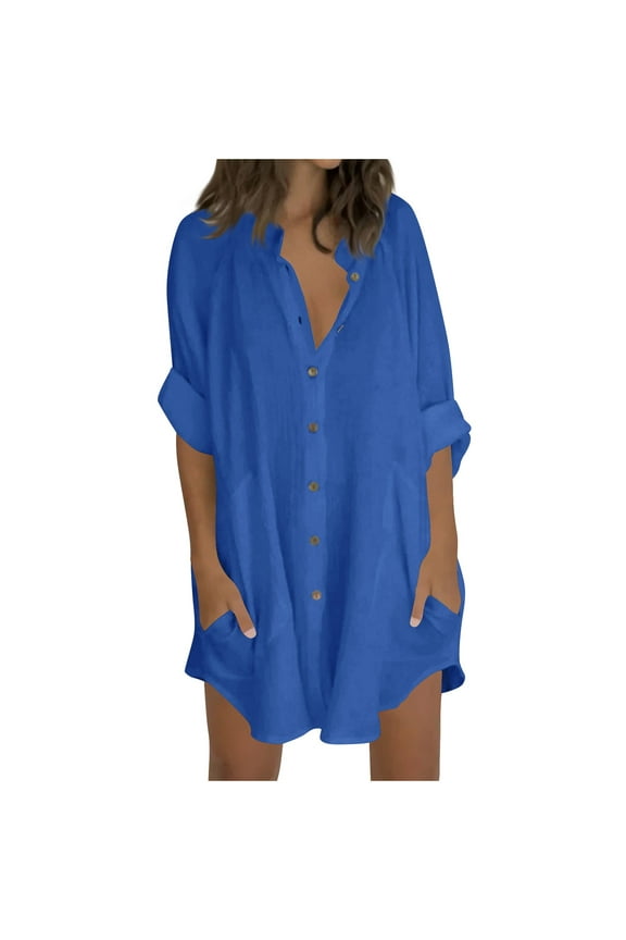 Womens Button Down Shirt Dresses with Pockets Cotton Linen Tunics Long Sleeve Solid High Low Blouse Tops Blue 3XL
