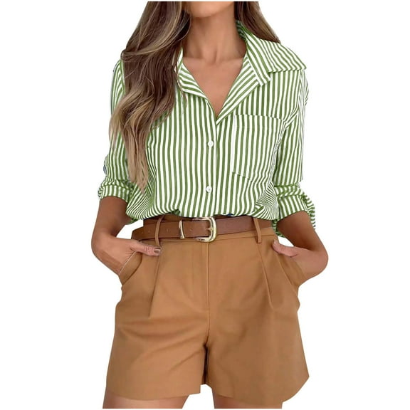 Dezsed Womens Button Down Shirts Long Sleeve Summer V Neck Collared Striped Casual Office Work Blouses Tops Green XL