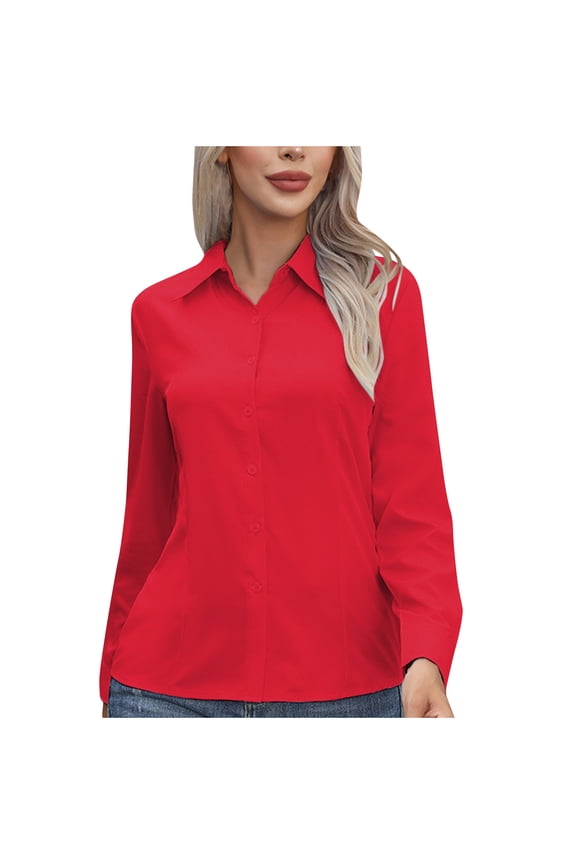 Womens Button Down Shirts V Neck Collared Dress Shirts Long Sleeve Regular Fit Stretch Work Blouse Red S