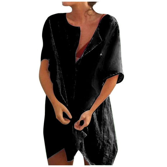 Dezsed Womens Button Shirt Dresses Cotton Linen Cover Ups Casual Tunics Short Sleeve Solid High Low Blouse Tops Black S
