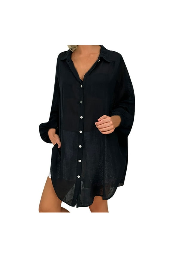 Womens Button Shirts Linen Cotton Long Sleeve Blouse Tunic Tops Cover Up Shirt Loose Beach Bikini Dress Black XXXL