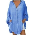 thumbnail image 1 of Dezsed Womens Button Shirts Linen Cotton Long Sleeve Blouse Tunic Tops Cover Up Shirt Loose Beach Bikini Dress Blue M, 1 of 5