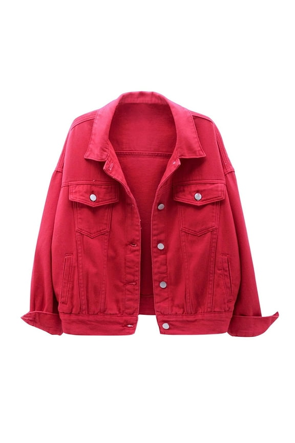 Womens Candy Color Denim Jackets Women Spring And Warm Solid Long Sleeve Jacket Outerwear Red XXXL