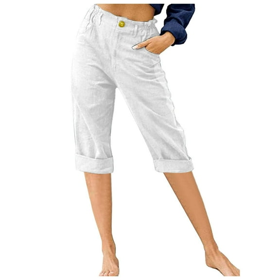 Dezsed Womens Capris Pull On Pants Women's Summer Pants High Waist Straight Pants Casual Pants with Pockets Ladies Solid Dressy Cargo Pants White M