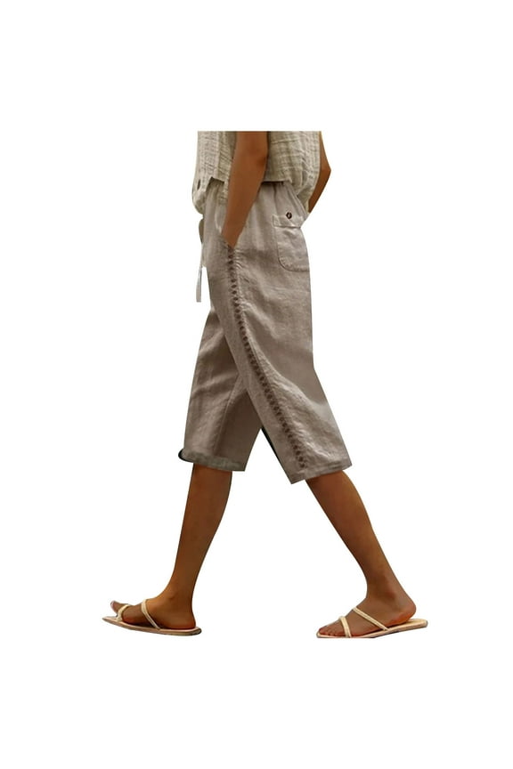 Womens Casual Capri Pants Elastic Waist Drawstring Summer Lounge Taper Trousers Bermuda Shorts Linen Pants with Pockets Khaki S