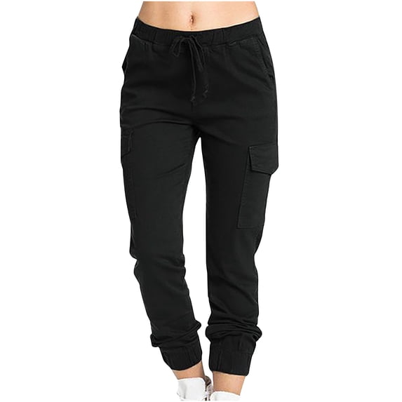 Dezsed Womens Casual Cargo Pants Comfy Cropped Work Pants with Pockets Elastic High Waist Taper Drawstring Pants Black L